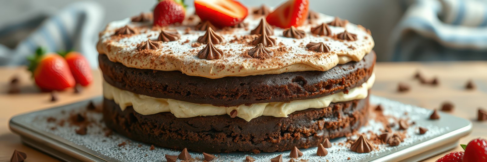 Delicious chocolate cake topped with cream and strawberries on a wooden table in a cozy kitchen setting